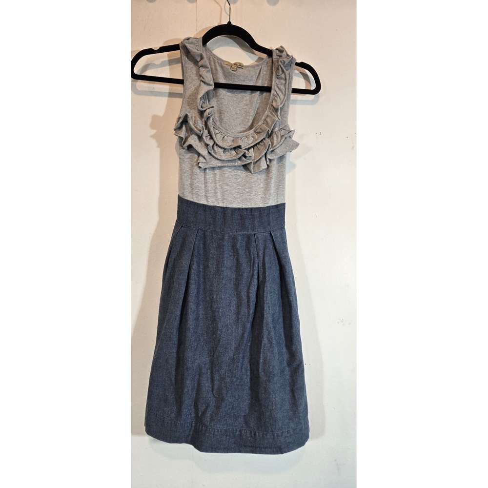 Be Bop Sleeveless Chambray Dress Heather Knit Top Fit & Flare Ruffle Neck Large